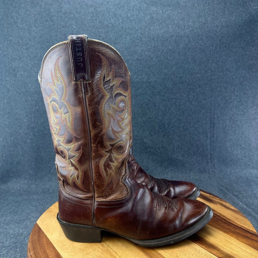 Justin Stampede Brown Leather Western Cowboy Boots Mens Size 9D Round Toe 2551